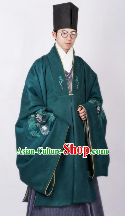 Chinese Traditional Ming Dynasty Scholar Hanfu Green Cloak Ancient Taoist Priest Costume for Men