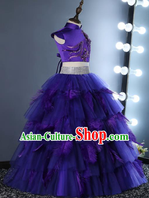 Top Grade Children Day Dance Performance Purple Feather Full Dress Kindergarten Girl Stage Show Costume for Kids