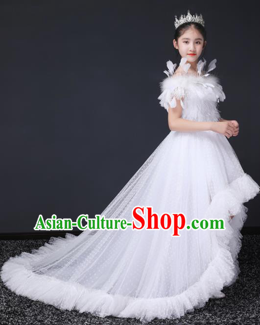 Top Grade Children Day Dance Performance White Feather Veil Full Dress Kindergarten Girl Stage Show Wedding Costume for Kids