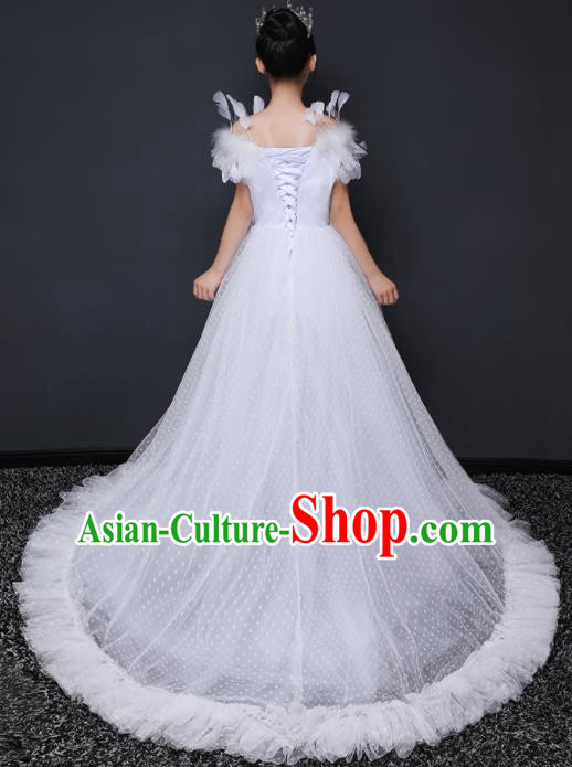 Top Grade Children Day Dance Performance White Feather Veil Full Dress Kindergarten Girl Stage Show Wedding Costume for Kids