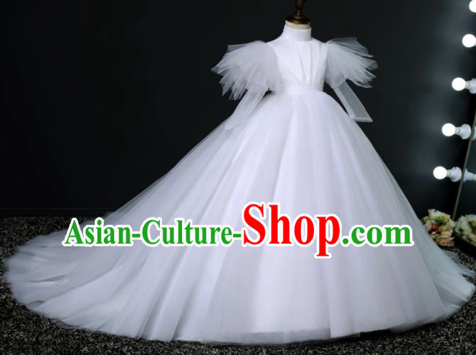 Top Grade Children Day Dance Performance White Veil Trailing Wedding Dress Kindergarten Girl Stage Show Costume for Kids