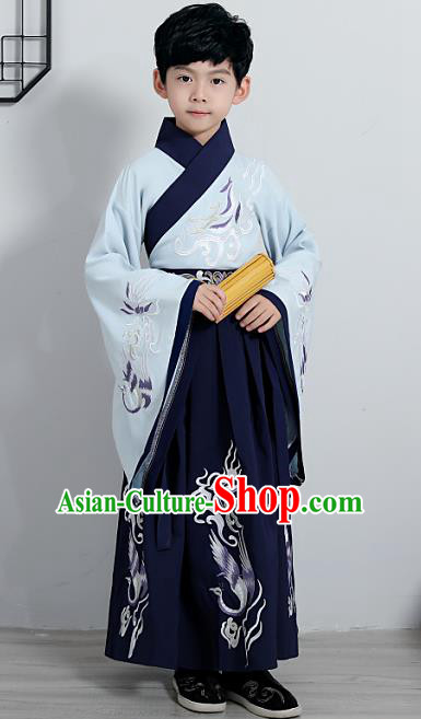 Chinese Traditional Han Dynasty Boys Navy Hanfu Clothing Ancient Scholar Costume for Kids
