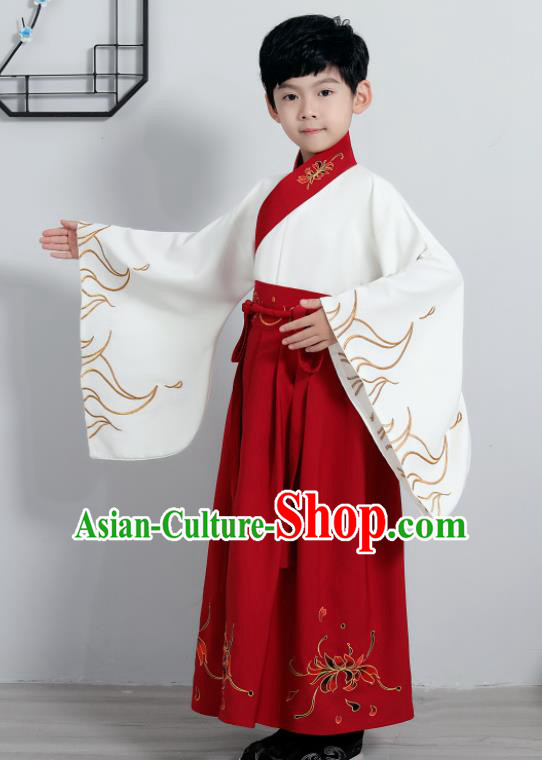 Chinese Traditional Han Dynasty Boys Embroidered Red Hanfu Clothing Ancient Scholar Costume for Kids