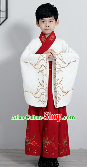 Chinese Traditional Han Dynasty Boys Embroidered Red Hanfu Clothing Ancient Scholar Costume for Kids