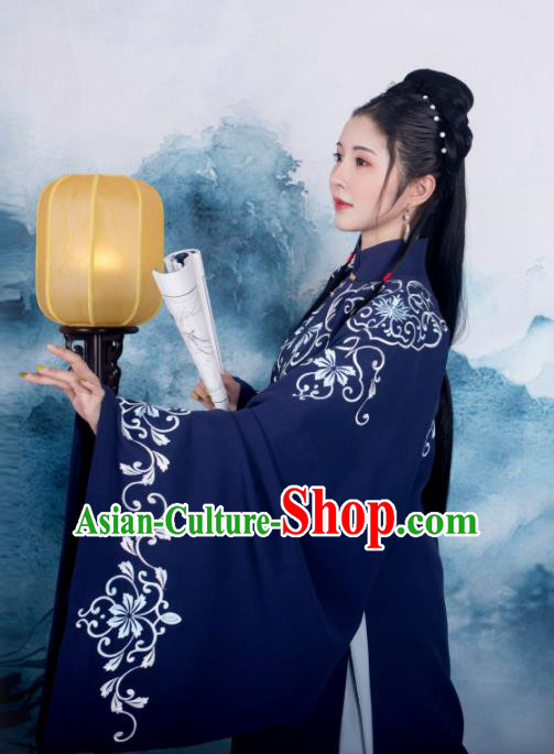 Traditional Chinese Ming Dynasty Royal Princess Replica Costumes Ancient Nobility Lady Navy Hanfu Dress for Women