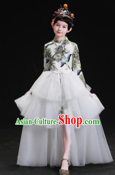 Chinese New Year Dance Performance White Veil Trailing Full Dress Kindergarten Girls Stage Show Costume for Kids