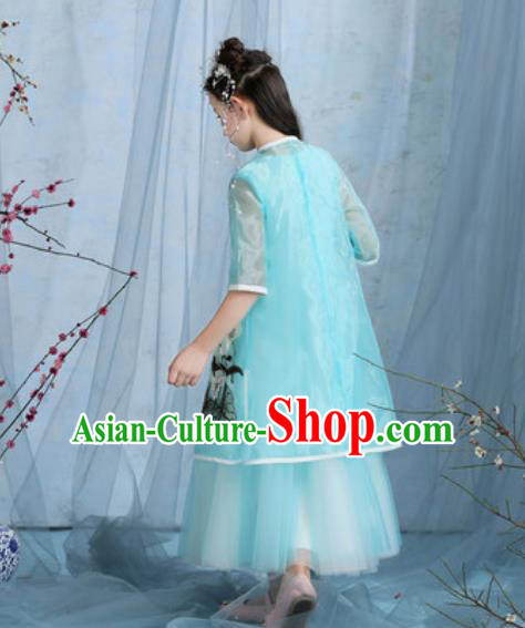 Chinese New Year Performance Embroidered Blue Veil Dress National Kindergarten Girls Dance Stage Show Costume for Kids