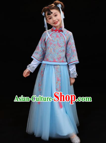 Chinese New Year Performance Blue Veil Qipao Dress National Kindergarten Girls Dance Stage Show Costume for Kids