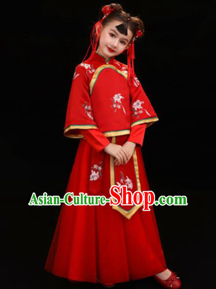 Chinese New Year Performance Red Veil Qipao Dress National Kindergarten Girls Dance Stage Show Costume for Kids