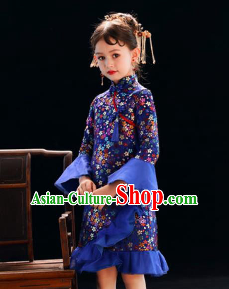 Chinese New Year Performance Royalblue Qipao Dress National Kindergarten Girls Dance Stage Show Costume for Kids
