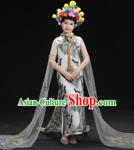 Chinese New Year Dance Performance Printing Cranes White Full Dress Kindergarten Girls Stage Show Costume for Kids