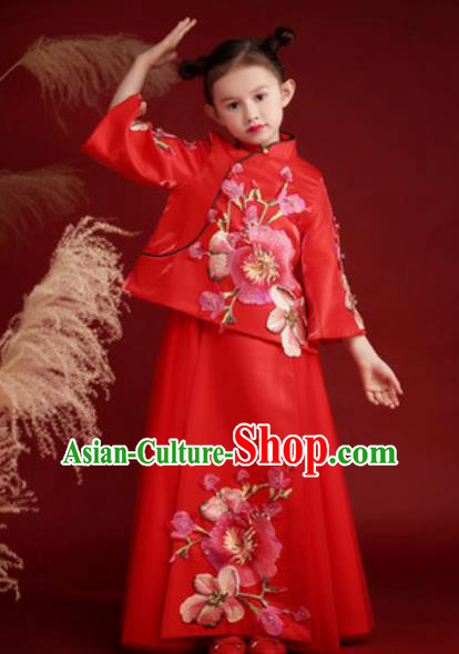 Chinese New Year Performance Embroidered Red Dress National Kindergarten Girls Dance Stage Show Costume for Kids