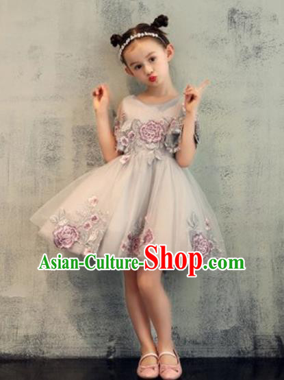 Top Grade Christmas Day Dance Performance Embroidered Grey Veil Full Dress Kindergarten Girl Stage Show Costume for Kids