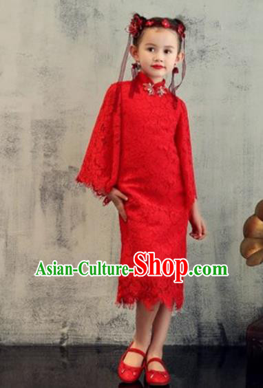 Chinese New Year Performance Red Lace Qipao Dress National Kindergarten Girls Dance Stage Show Costume for Kids