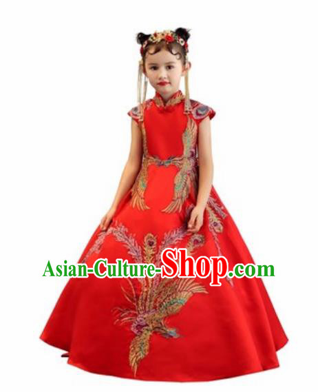 Chinese New Year Performance Embroidered Phoenix Red Dress National Kindergarten Girls Dance Stage Show Costume for Kids