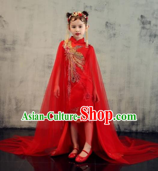 Chinese New Year Performance Embroidered Phoenix Red Qipao Dress National Kindergarten Girls Dance Stage Show Costume for Kids