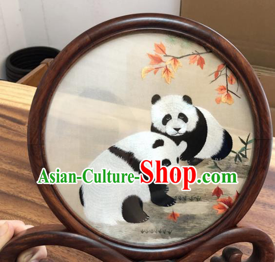 Chinese Traditional Suzhou Embroidery Panda Desk Folding Screen Embroidered Rosewood Decoration Embroidering Craft