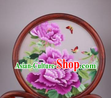 Chinese Traditional Suzhou Embroidery Purple Peony Desk Folding Screen Embroidered Rosewood Decoration Embroidering Craft