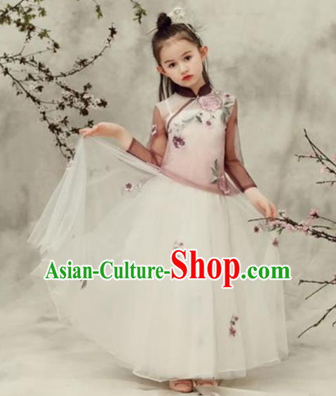 Chinese New Year Performance Brown Veil Qipao Dress National Kindergarten Girls Dance Stage Show Costume for Kids