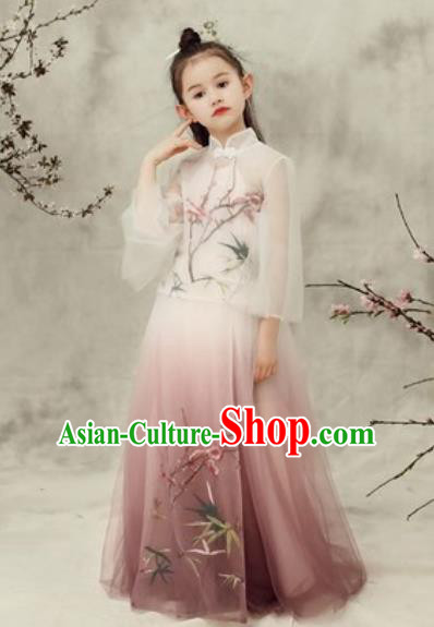 Chinese New Year Performance Wine Red Veil Qipao Dress National Kindergarten Girls Dance Stage Show Costume for Kids