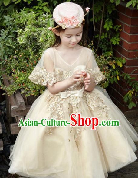 Top Grade Christmas Day Dance Performance Flowers Fairy Beige Full Dress Kindergarten Girl Stage Show Costume for Kids