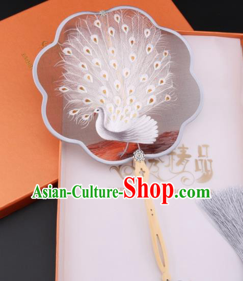 Chinese Traditional Suzhou Embroidery White Peacock Palace Fans Embroidered Fans Embroidering Craft