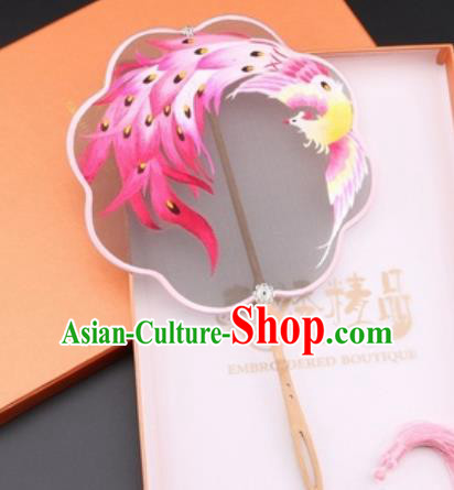 Chinese Traditional Suzhou Embroidery Pink Phoenix Palace Fans Embroidered Fans Embroidering Craft