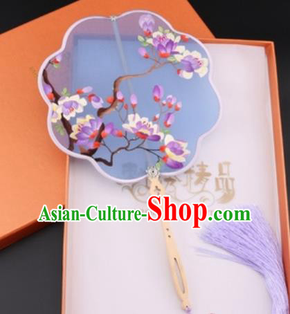 Chinese Traditional Suzhou Embroidery Purple Magnolia Palace Fans Embroidered Fans Embroidering Craft