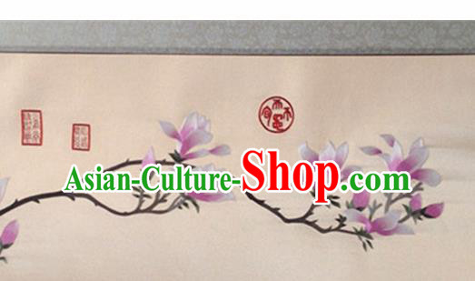 Traditional Chinese Handmade Suzhou Embroidery Yulan Magnolia Wall Picture Embroidered Scroll Embroidery Craft