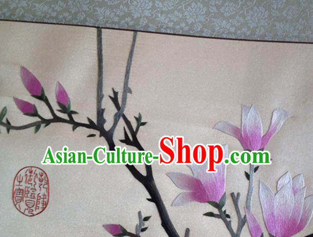 Traditional Chinese Handmade Suzhou Embroidery Yulan Magnolia Wall Picture Embroidered Scroll Embroidery Craft