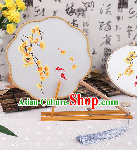 Chinese Traditional Handmade Embroidery Ginkgo Leaf Silk Fan Embroidered Palace Fans