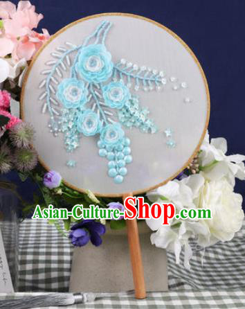 Chinese Traditional Handmade Embroidery Light Blue Camellia Round Fan Embroidered Palace Fans
