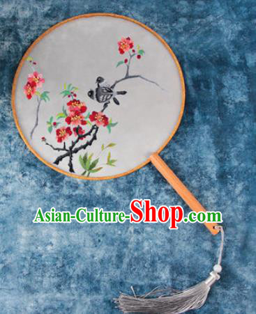 Chinese Traditional Handmade Embroidery Plum Birds Round Fan Embroidered Palace Fans