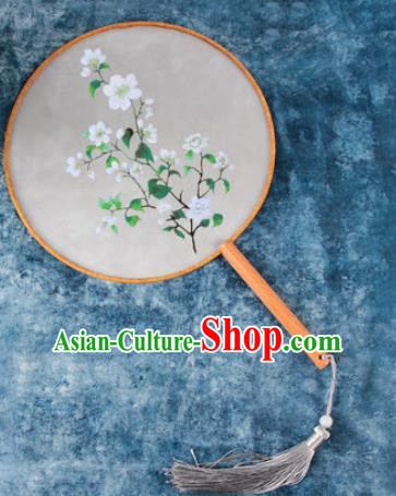 Chinese Traditional Handmade Embroidery White Flowers Round Fan Embroidered Palace Fans