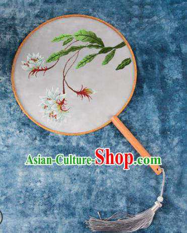 Chinese Traditional Handmade Embroidery Cactus Flower Round Fan Embroidered Palace Fans
