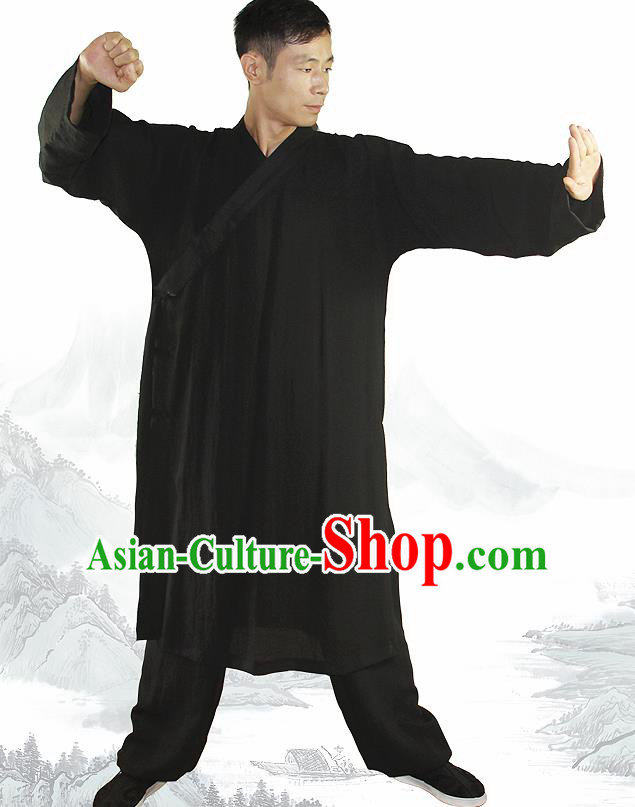 Chinese Traditional Martial Arts Black Flax Robe Kung Fu Taoist Priest Tai Chi Costume for Men
