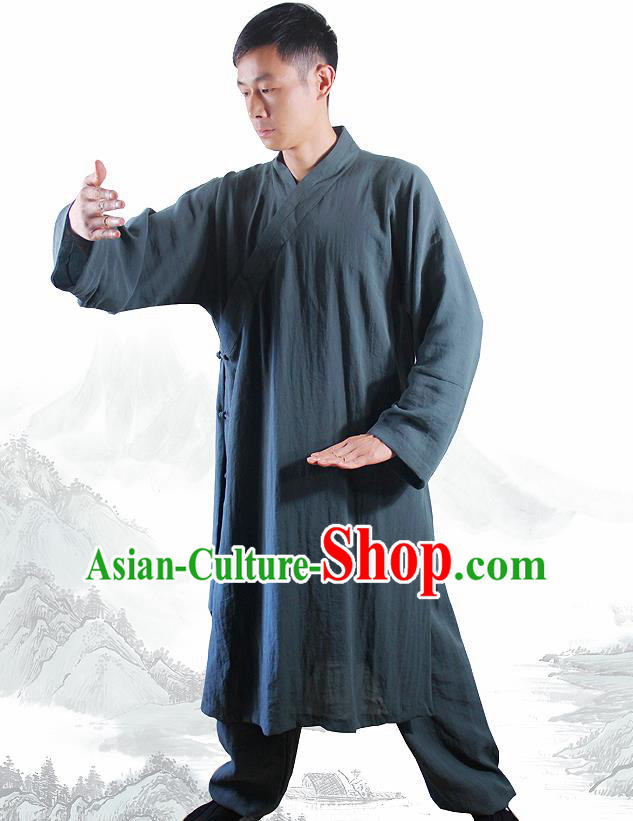 Chinese Traditional Martial Arts Atrovirens Flax Robe Kung Fu Taoist Priest Tai Chi Costume for Men