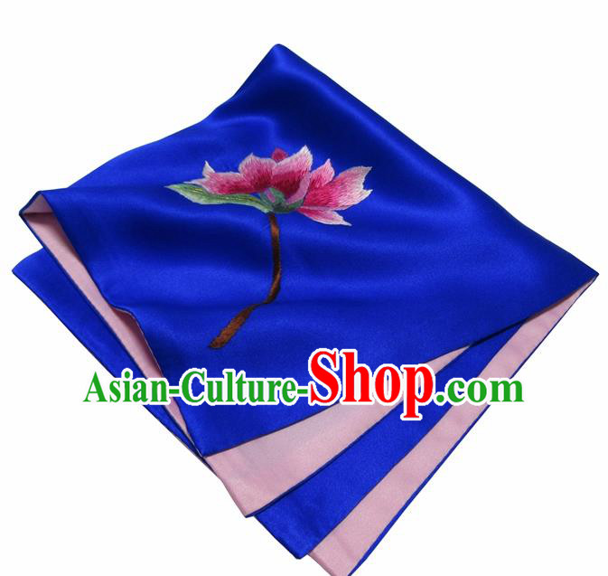 Chinese Traditional Handmade Embroidery Magnolia Royalblue Silk Handkerchief Embroidered Hanky Suzhou Embroidery Noserag Craft