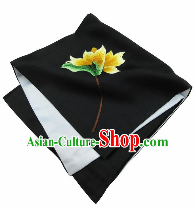 Chinese Traditional Handmade Embroidery Magnolia Black Silk Handkerchief Embroidered Hanky Suzhou Embroidery Noserag Craft