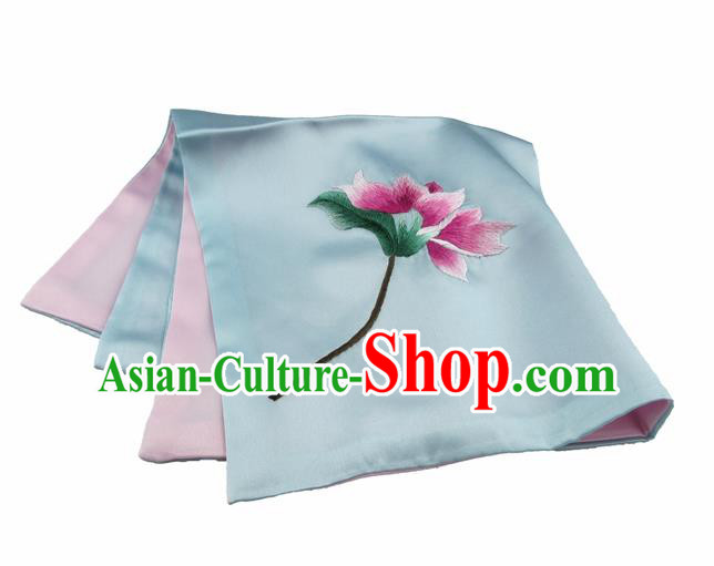 Chinese Traditional Handmade Embroidery Magnolia Light Blue Silk Handkerchief Embroidered Hanky Suzhou Embroidery Noserag Craft