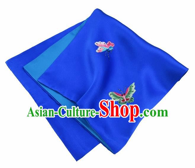Chinese Traditional Handmade Embroidery Butterfly Royalblue Silk Handkerchief Embroidered Hanky Suzhou Embroidery Noserag Craft