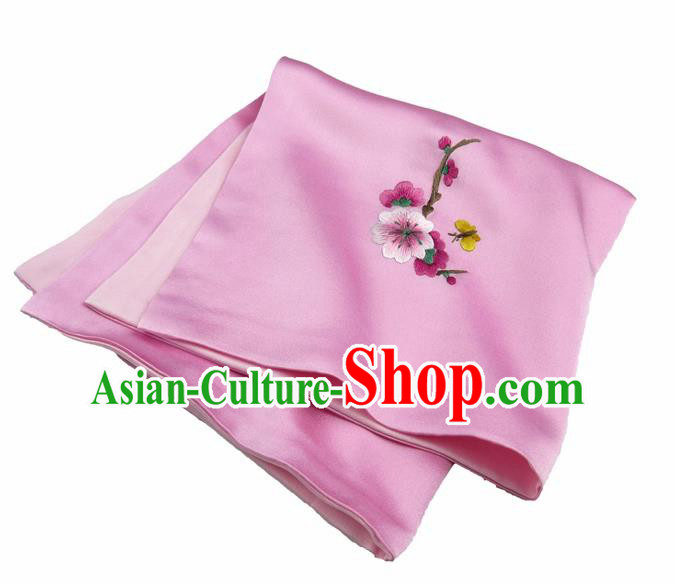 Chinese Traditional Handmade Embroidery Plum Blossom Peach Pink Silk Handkerchief Embroidered Hanky Suzhou Embroidery Noserag Craft