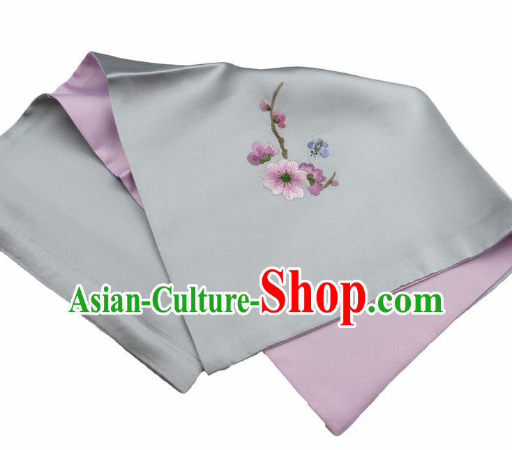 Chinese Traditional Handmade Embroidery Plum Blossom Grey Silk Handkerchief Embroidered Hanky Suzhou Embroidery Noserag Craft