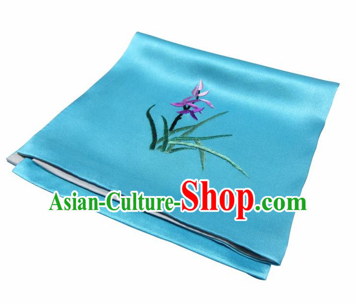 Chinese Traditional Handmade Embroidery Orchid Blue Silk Handkerchief Embroidered Hanky Suzhou Embroidery Noserag Craft