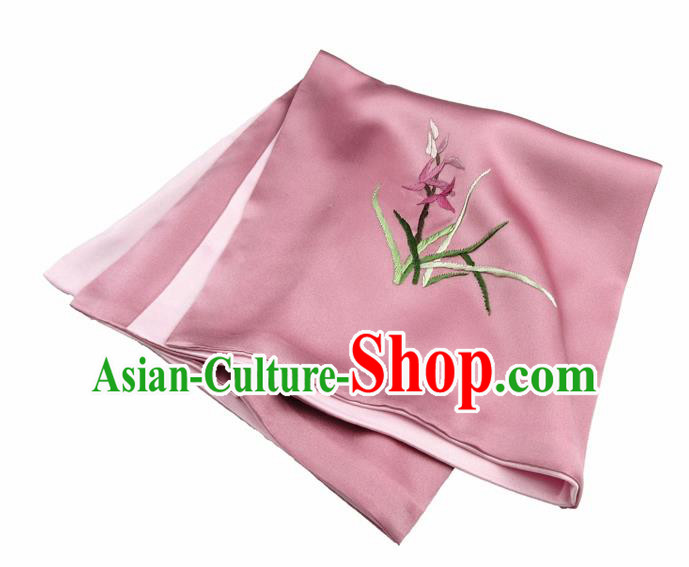 Chinese Traditional Handmade Embroidery Orchid Pink Silk Handkerchief Embroidered Hanky Suzhou Embroidery Noserag Craft