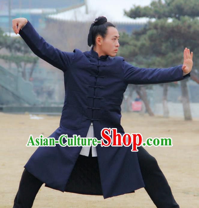 Chinese Traditional Martial Arts Winter Navy Cotton Wadded Robe Priest Frock Kung Fu Taoist Priest Tai Chi Costume for Men