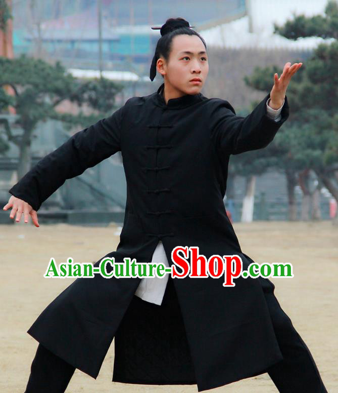 Chinese Traditional Martial Arts Winter Black Cotton Wadded Robe Priest Frock Kung Fu Taoist Priest Tai Chi Costume for Men