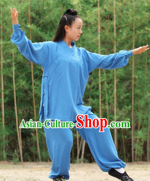 Chinese Traditional Wudang Martial Arts Deep Blue Outfits Kung Fu Taoist Priest Tai Chi Costume for Women