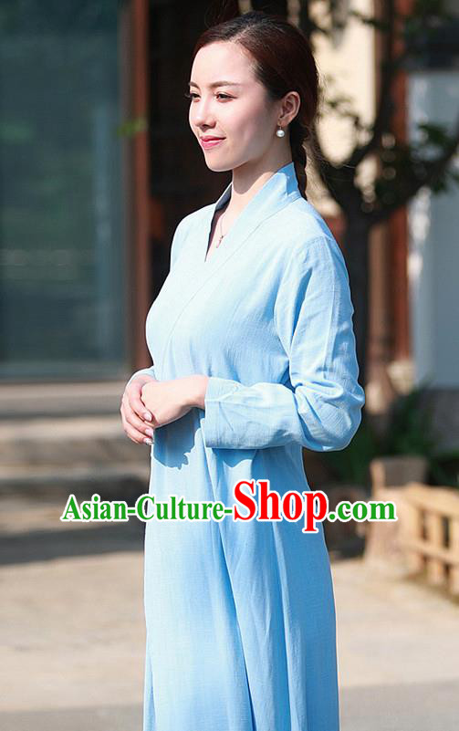 Chinese Traditional Martial Arts Slant Opening Blue Dress Taoist Priest Tai Chi Costume for Women