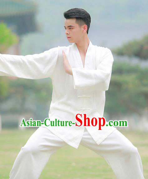 Traditional Chinese Wudang Taoist Priest Kung Fu Tai Chi White Outfits Martial Arts Competition Costume for Men